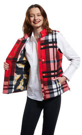 Dizzy-Lizzie Rosey vest with contrast lining, red yarndyed flannel plaid, sleeveless design, cozy and stylish for layering.