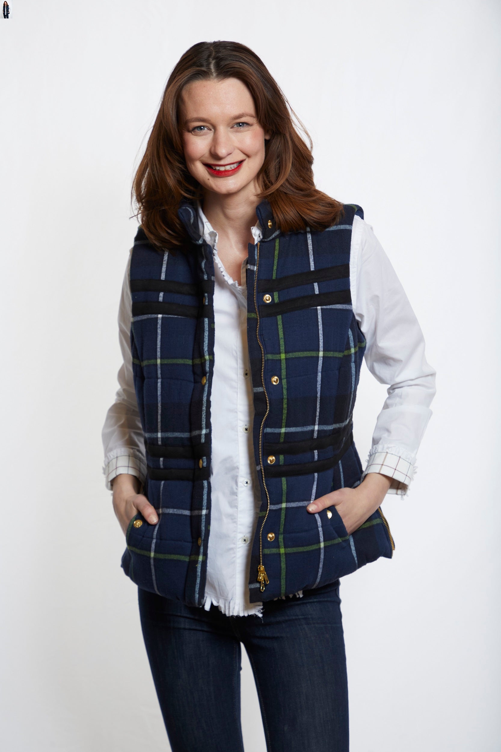 Dizzy-Lizzie Rosey vest with contrast lining, featuring indigo yarndyed flannel plaid fabric, displayed on a neutral background.