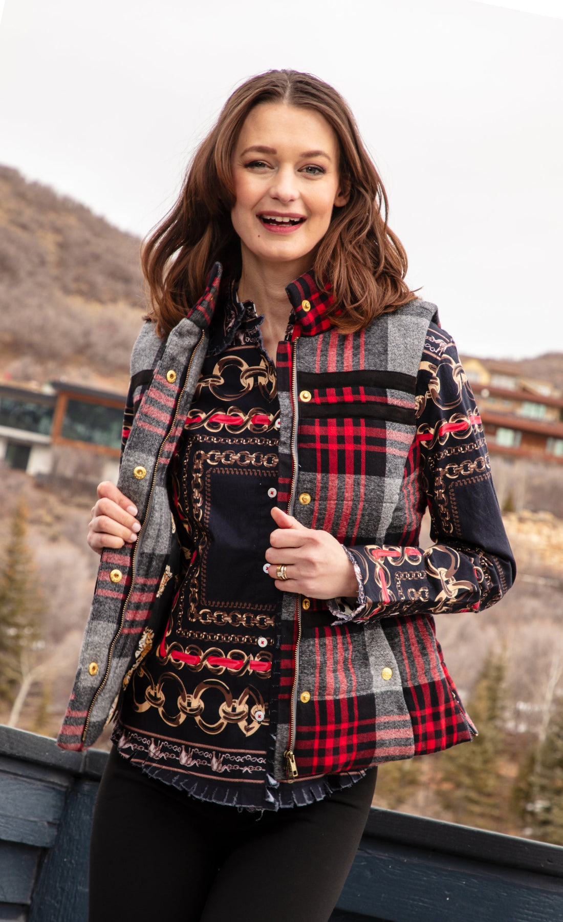 Grey plaid flannel vest by Dizzy-Lizzie featuring a classic rosey design, displayed on a neutral background.