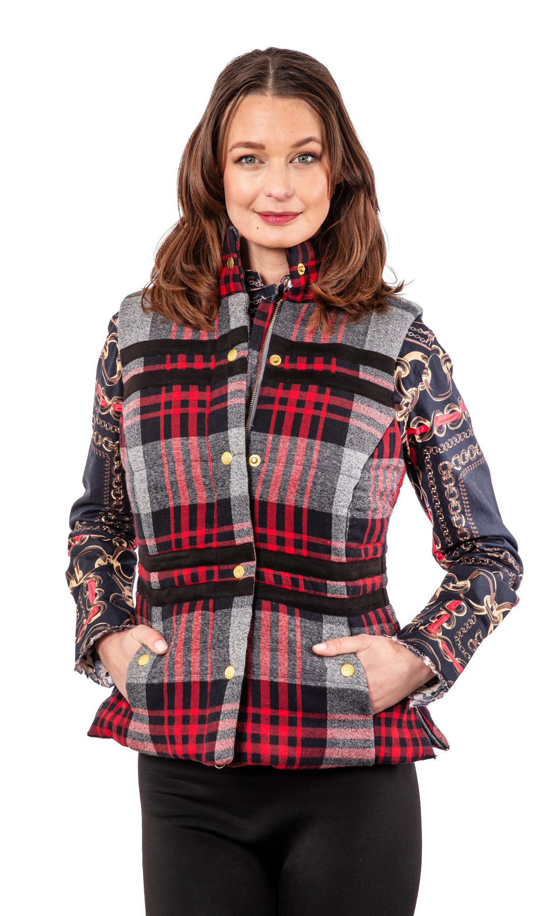 Dizzy-Lizzie Rosey Vest in grey plaid flannel, stylish sleeveless vest with button details and cozy fabric for casual wear.