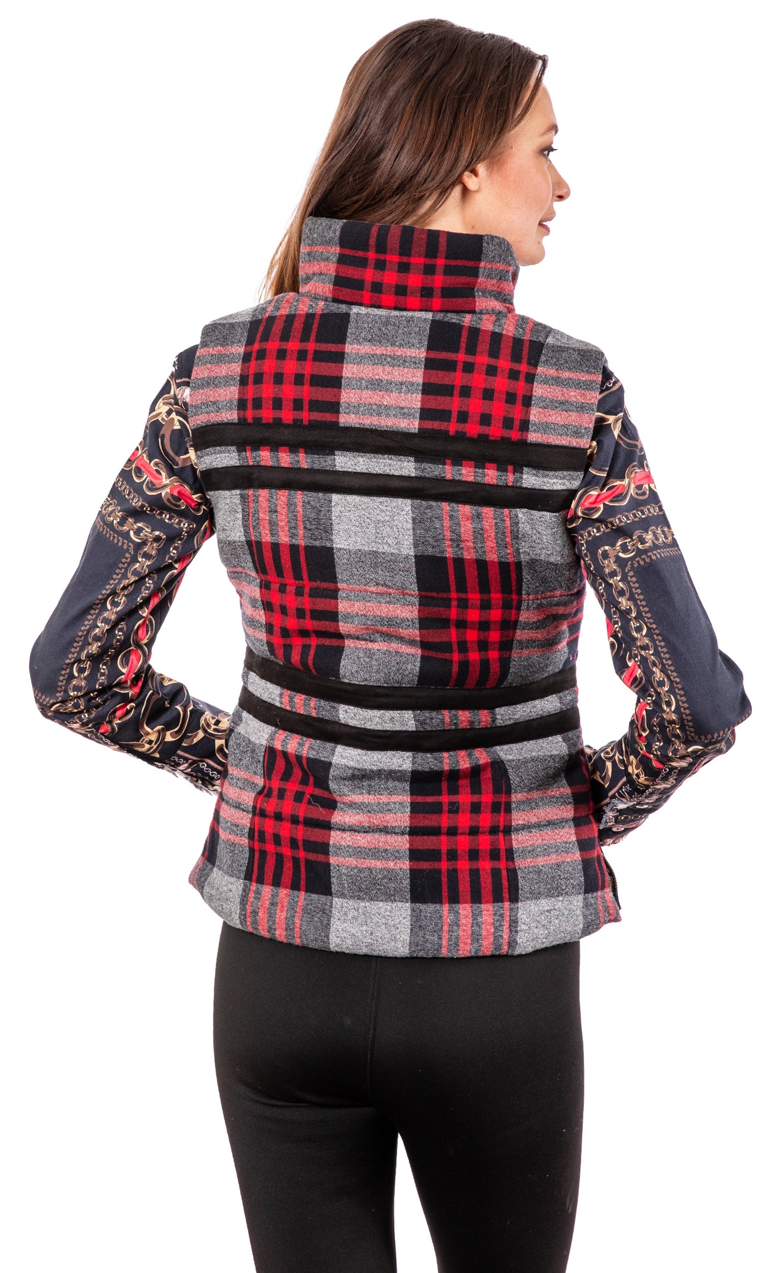 Dizzy-Lizzie Rosey Vest in grey plaid flannel, sleeveless vest with a cozy, casual style and classic plaid pattern.