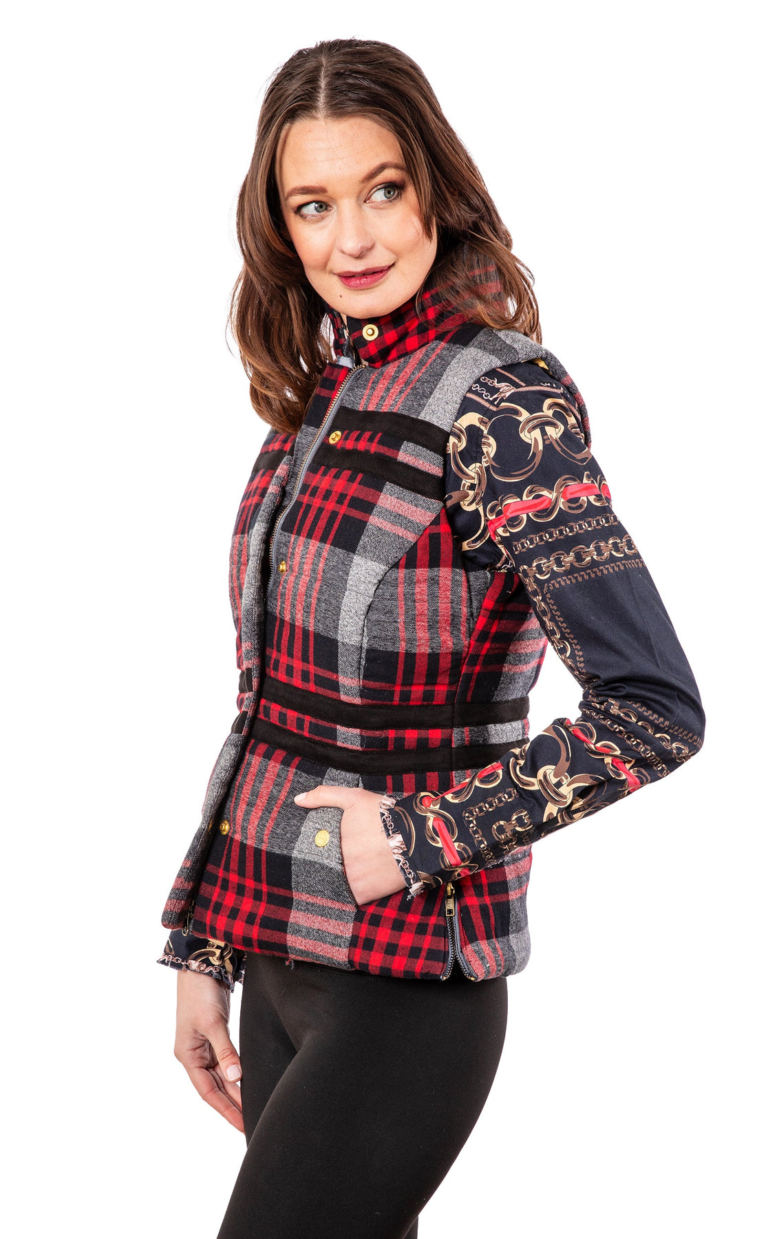 Dizzy-Lizzie Rosey Vest in grey plaid flannel, sleeveless vest with a soft, cozy fabric and classic plaid pattern.