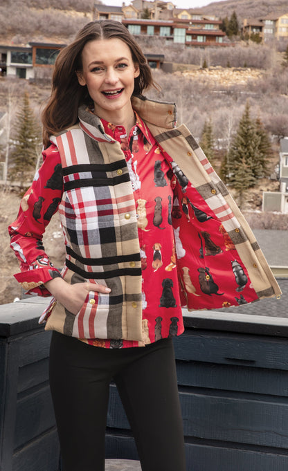 Dizzy-Lizzie Rosey Vest in khaki and red yarndyed flannel, featuring a cozy, stylish sleeveless design with button details.