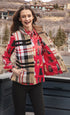 Dizzy-Lizzie Rosey Vest in khaki and red yarndyed flannel, featuring a cozy, stylish sleeveless design with button details.