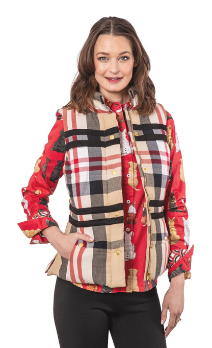 Dizzy-Lizzie Rosey Vest in khaki and red yarndyed flannel, featuring a cozy, stylish sleeveless design with button closure.
