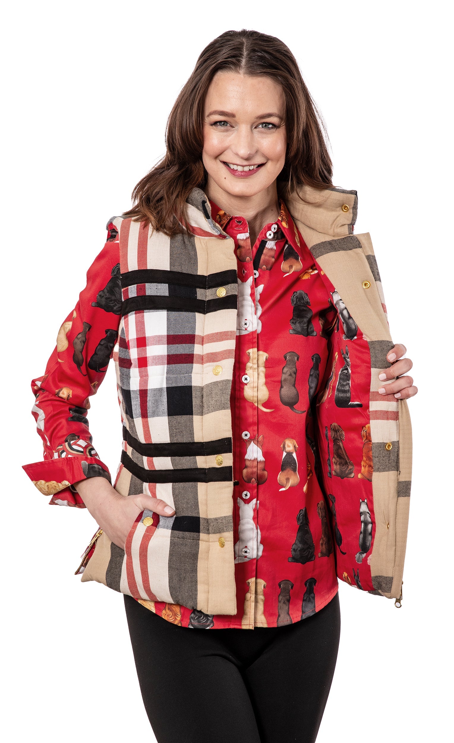 Dizzy-Lizzie Rosey Vest in khaki and red yarndyed flannel, showing a cozy sleeveless vest with a plaid pattern and button front.
