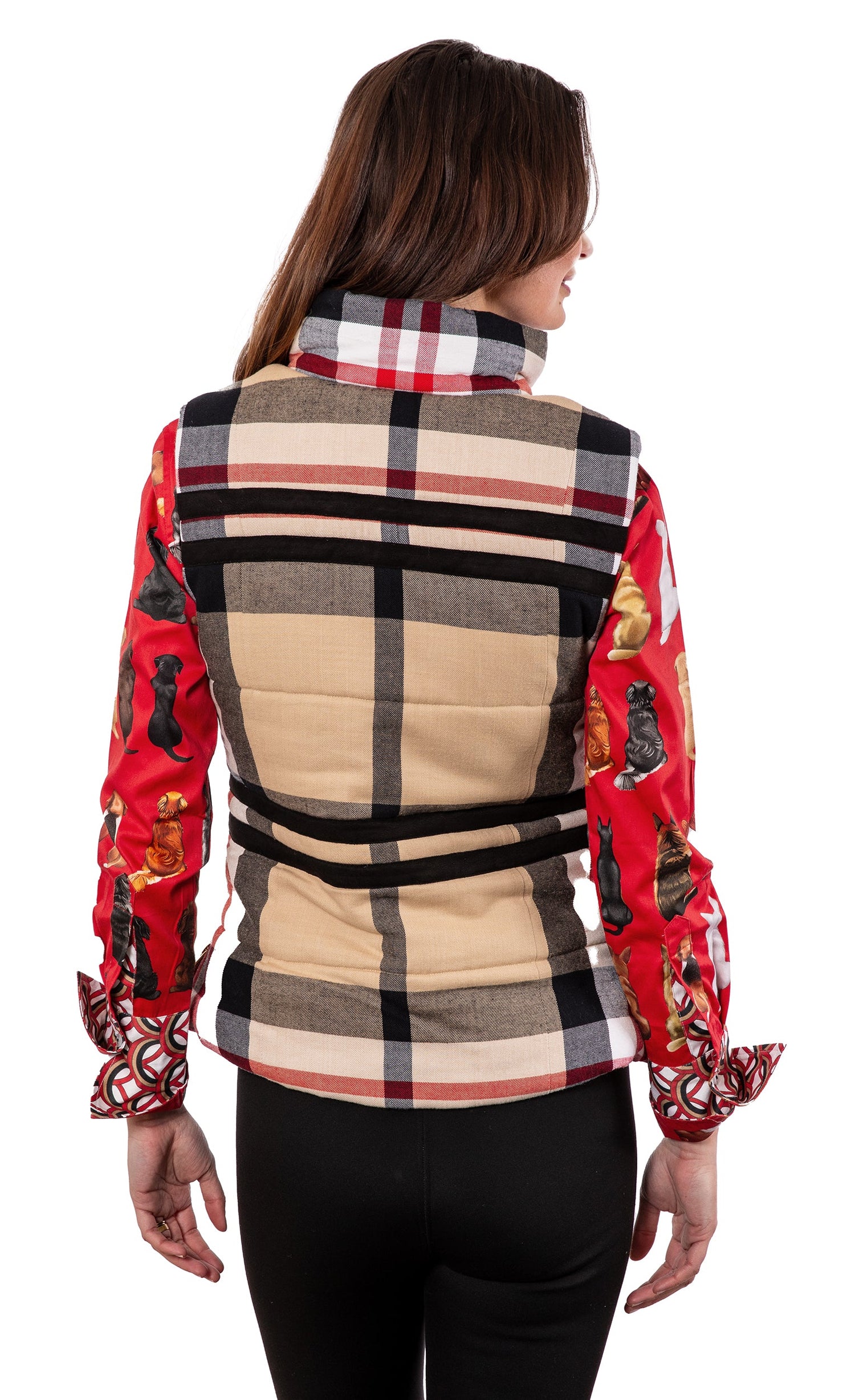 Dizzy-Lizzie Rosey Vest in khaki and red yarndyed flannel, casual sleeveless vest with button closure and patch pockets.