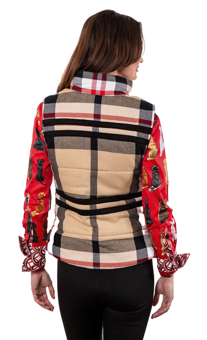 Dizzy-Lizzie Rosey Vest in khaki and red yarndyed flannel, casual sleeveless vest with button closure and patch pockets.