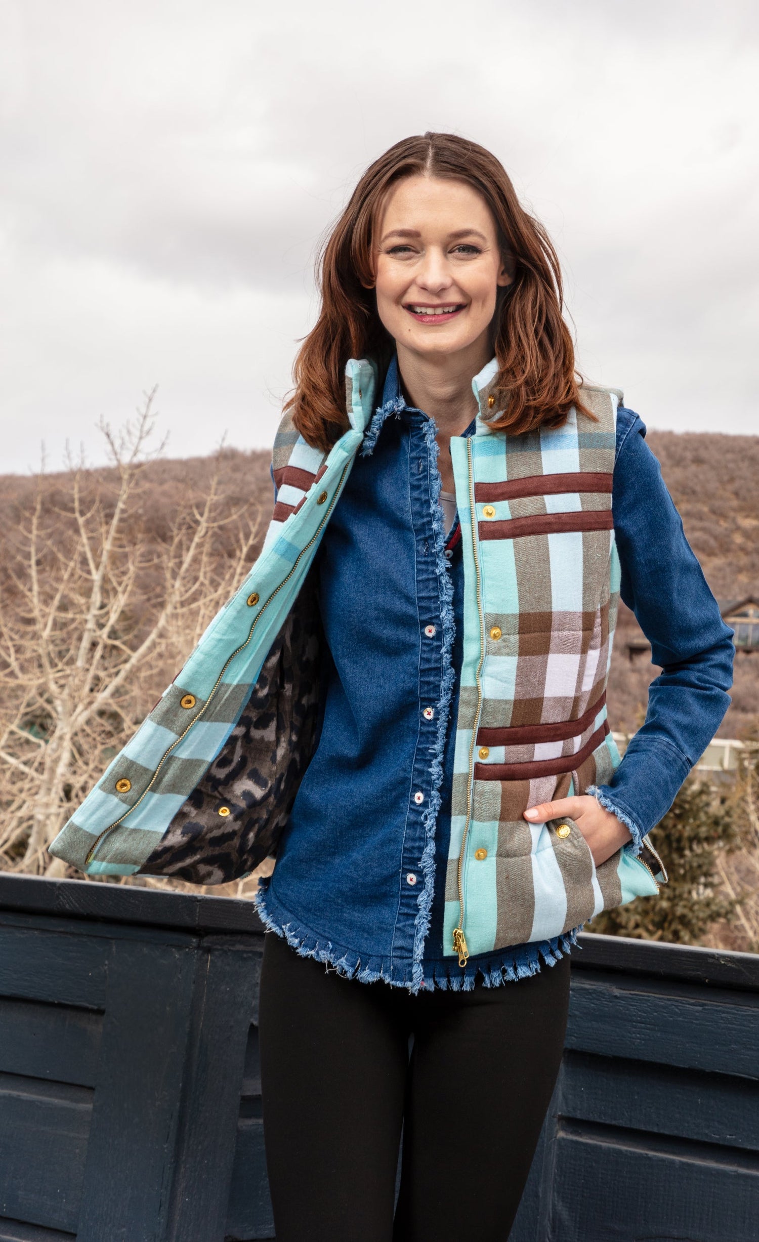 Dizzy-Lizzie Rosey Vest Plaid Flannel vest with a soft, cozy plaid pattern in pink and white for casual wear.