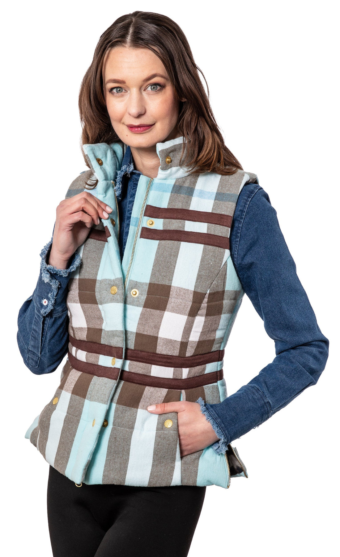 Dizzy-Lizzie Rosey Vest Plaid Flannel, cozy sleeveless vest with pink and red plaid pattern, front button closure.