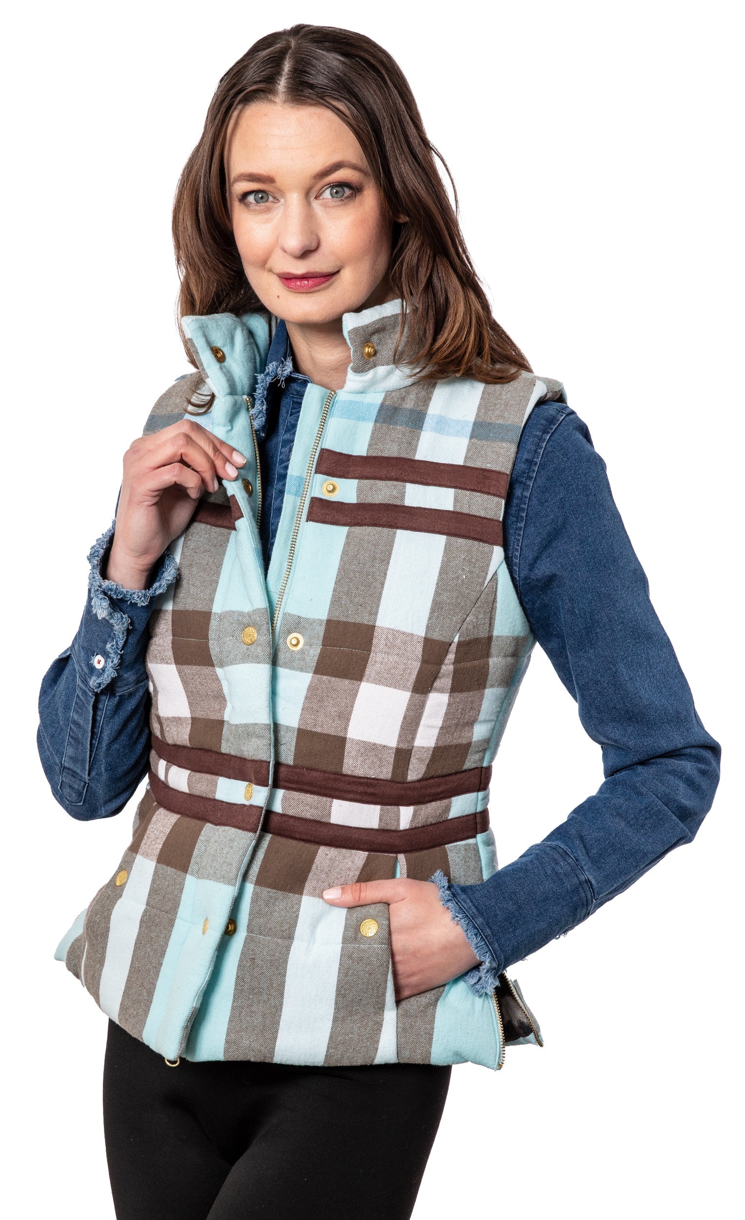 Dizzy-Lizzie Rosey Vest Plaid Flannel, cozy sleeveless vest with pink and red plaid pattern, front button closure.