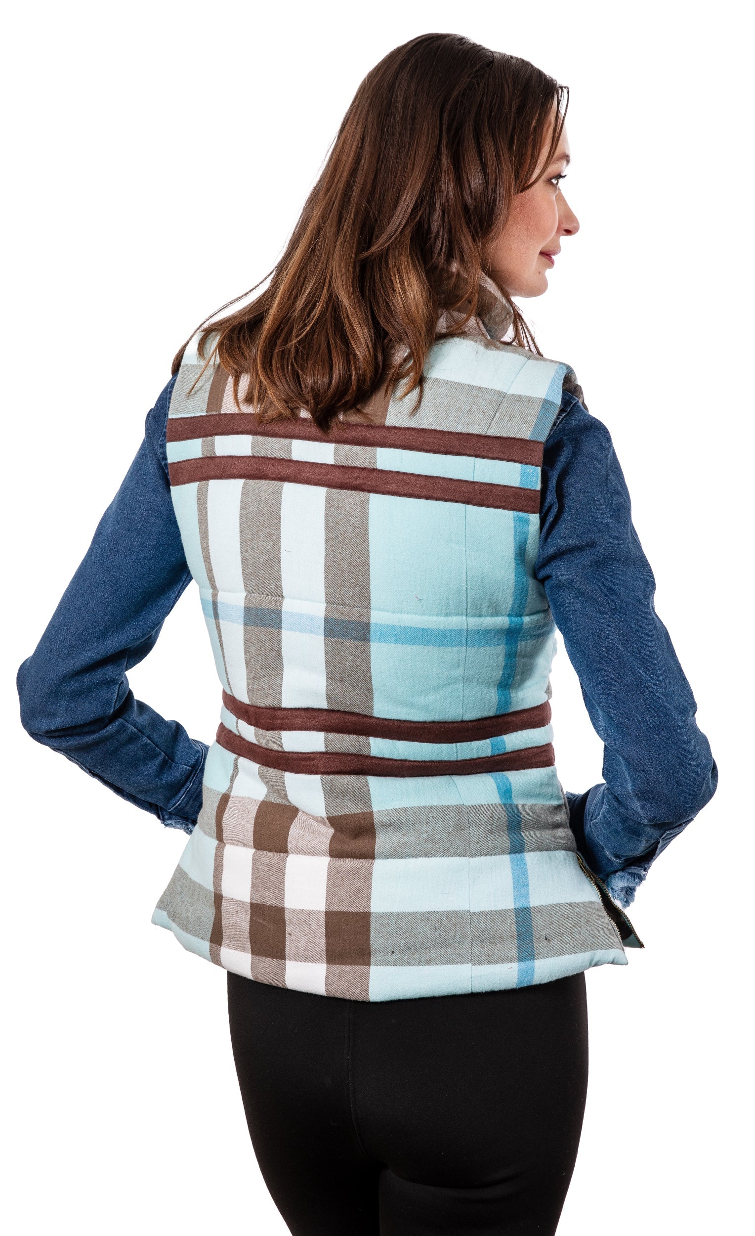 Dizzy-Lizzie Rosey Vest Plaid Flannel with button closure and collar, casual sleeveless vest for layered fall and winter style.