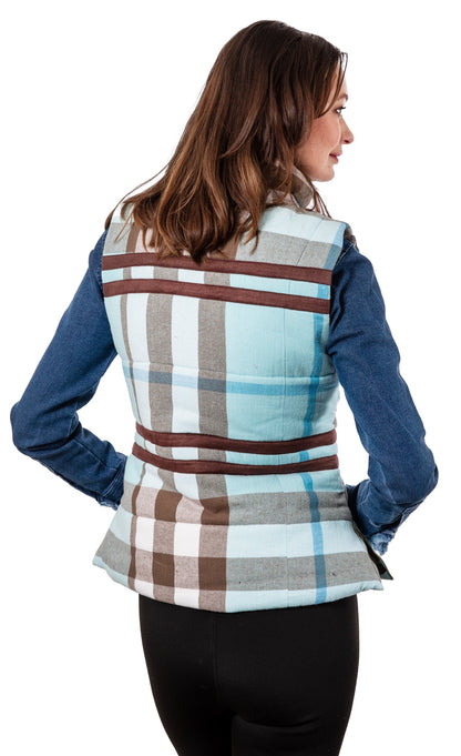 Dizzy-Lizzie Rosey Vest Plaid Flannel with button closure and collar, casual sleeveless vest for layered fall and winter style.