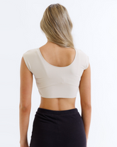 Downeast Contour Demi Tee in nude color, close-up showing soft fabric and fitted design, ideal for casual or layered looks.