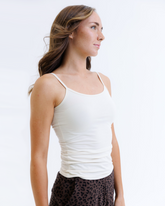 Downeast Wonder Cami tee in soft fabric, showcasing a close-up of the sleek neckline and comfortable fit.