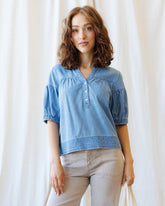 Downeast Portside Chambray Popover top with long sleeves and button details, casual and stylish for everyday wear.