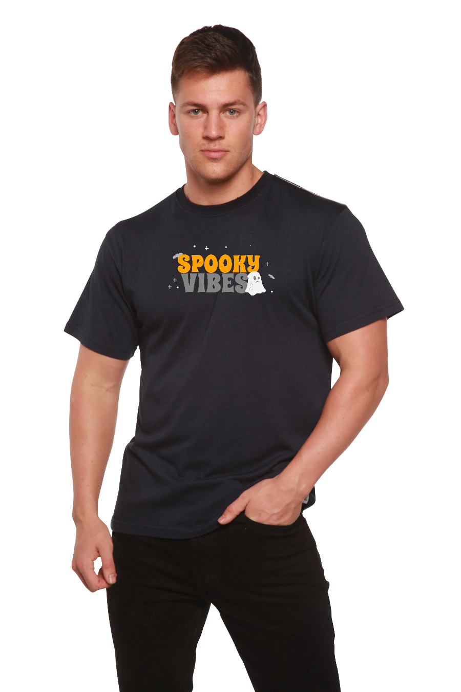 Mens Spooky Vibes bamboo viscose organic cotton short sleeve printed T-shirt by Spun Bamboo with spooky-themed design.