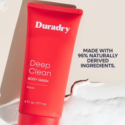 Duradry body wash duo featuring deep cleanser bottles with pump tops, designed for thorough skin cleansing and freshness.