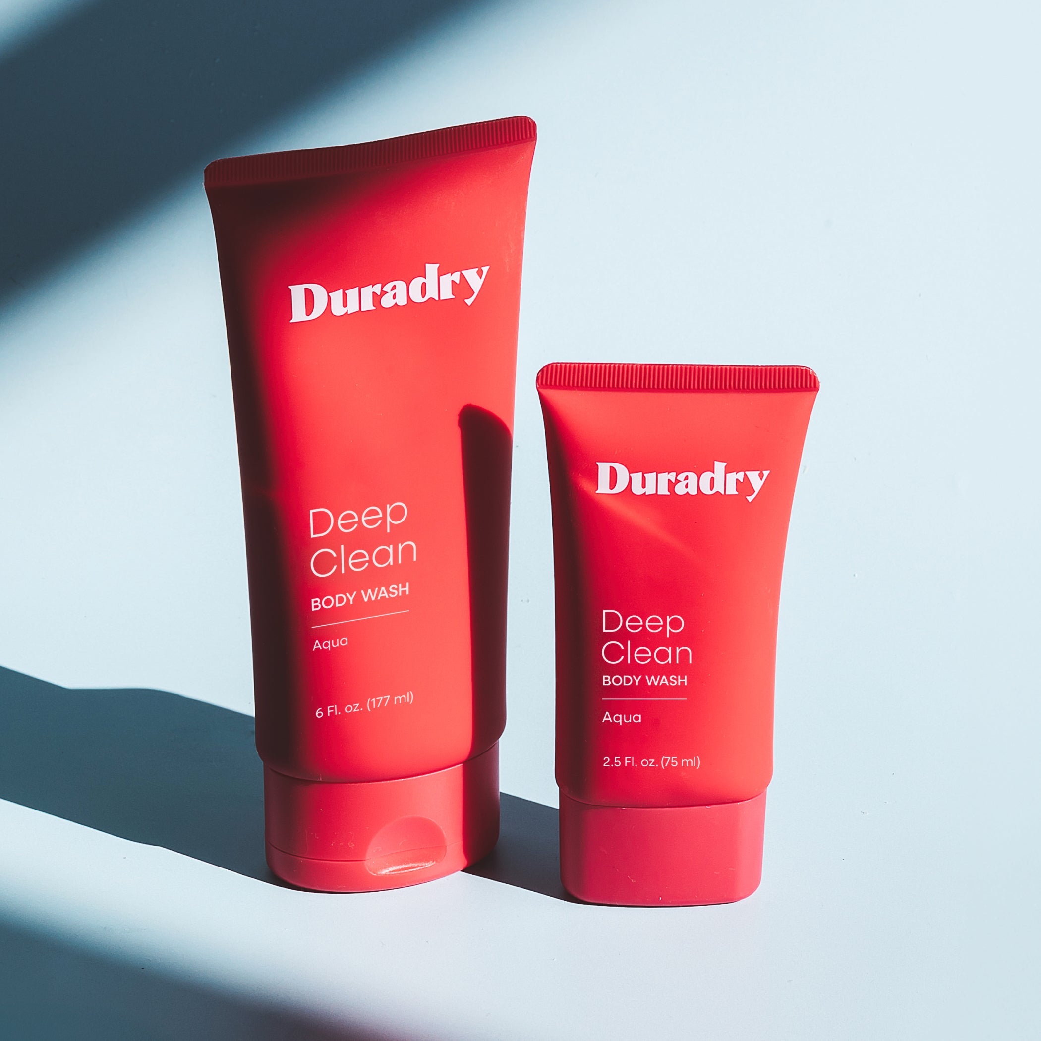 Duradry Body Wash Duo bottles with sleek packaging, featuring clear labels and a gentle, hydrating formula for daily skincare.