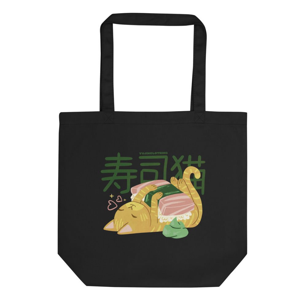 Cute Sushi Cat eco tote bag by Yūjin Clothing featuring a playful sushi cat design on durable fabric.