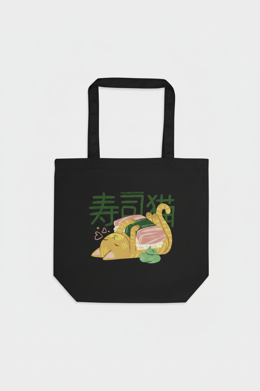 Cute Sushi Cat Eco Tote Bag by Yūjin Clothing featuring a playful cat design with sushi patterns on durable canvas.