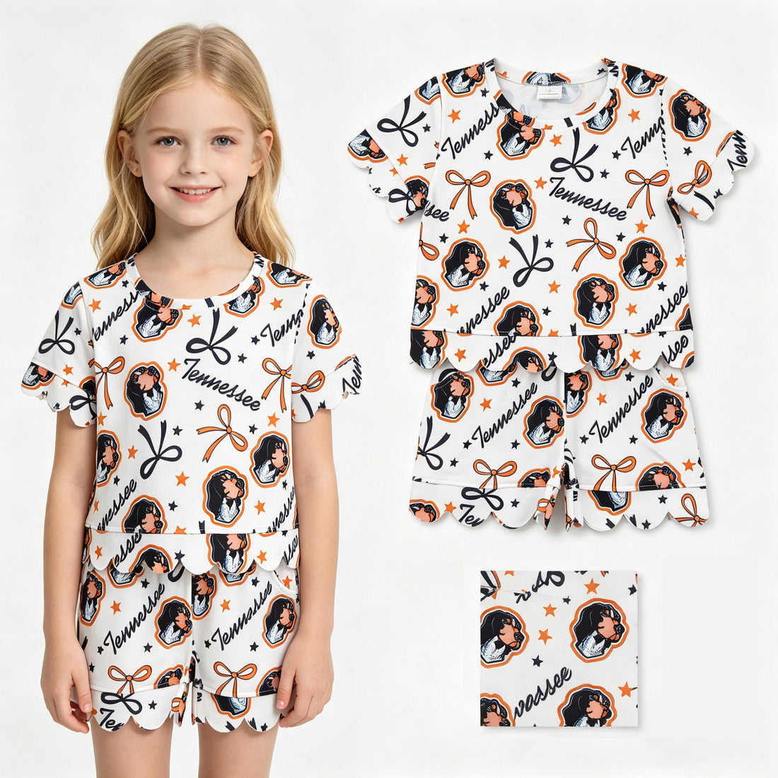 Short sleeves dog bow scallop girls team outfits