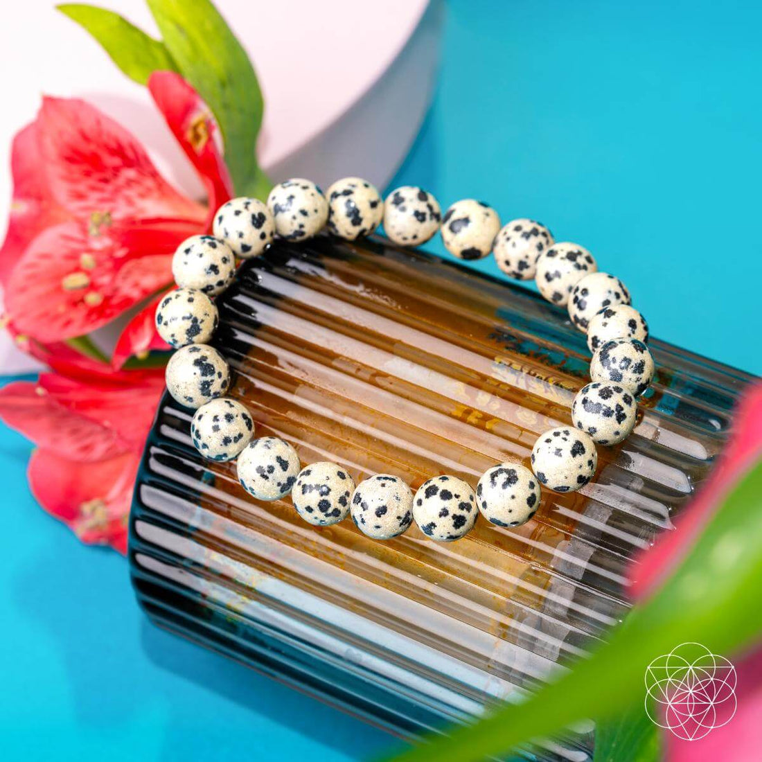 Dalmatian Jasper bracelet from Conscious Items featuring black and beige spotted stones, designed for emotional detox and healing.