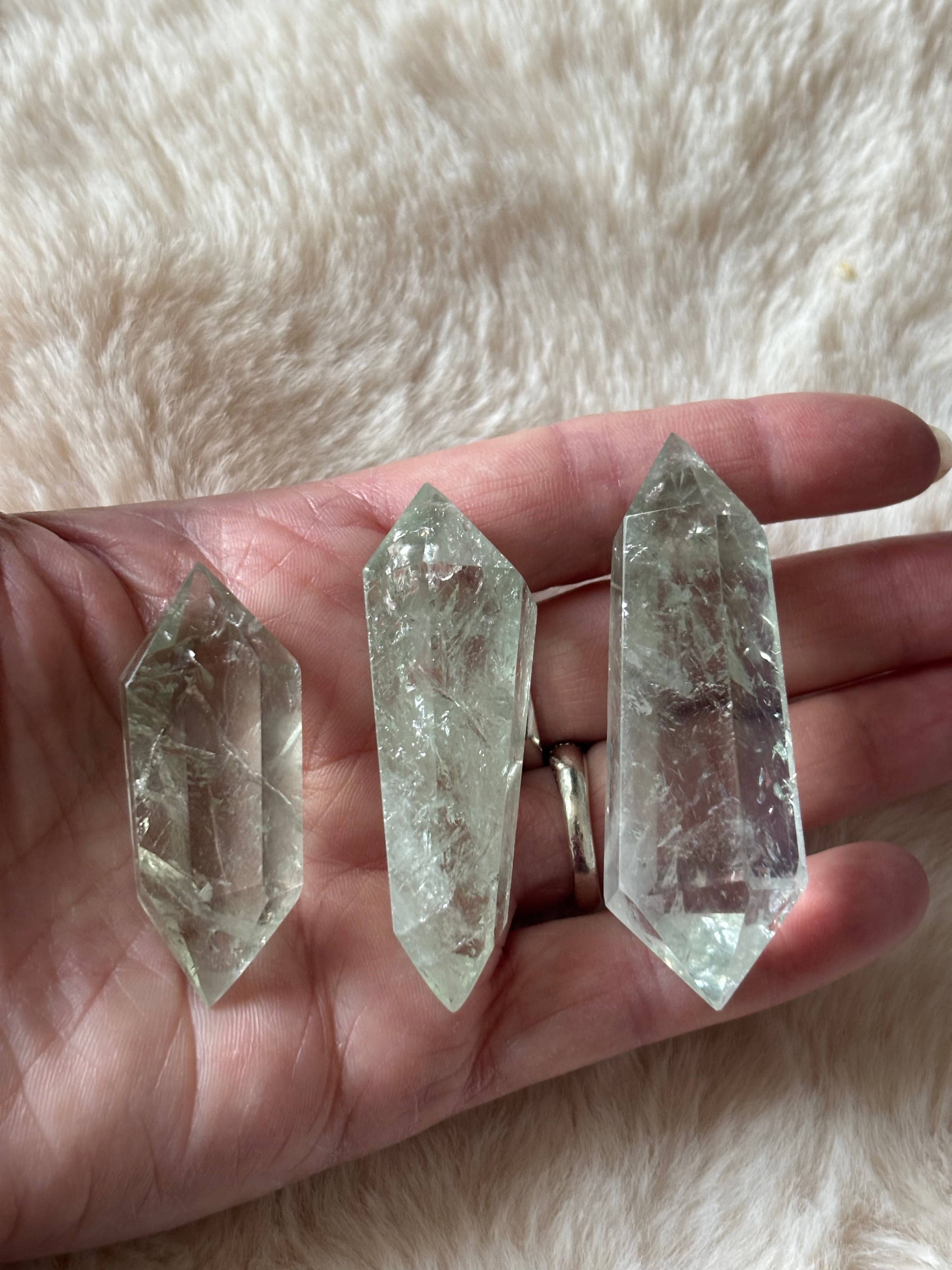 Prasiolite green amethyst double terminated crystal point from Evermore Everlasting, showcasing vibrant green color and natural crystal structure.