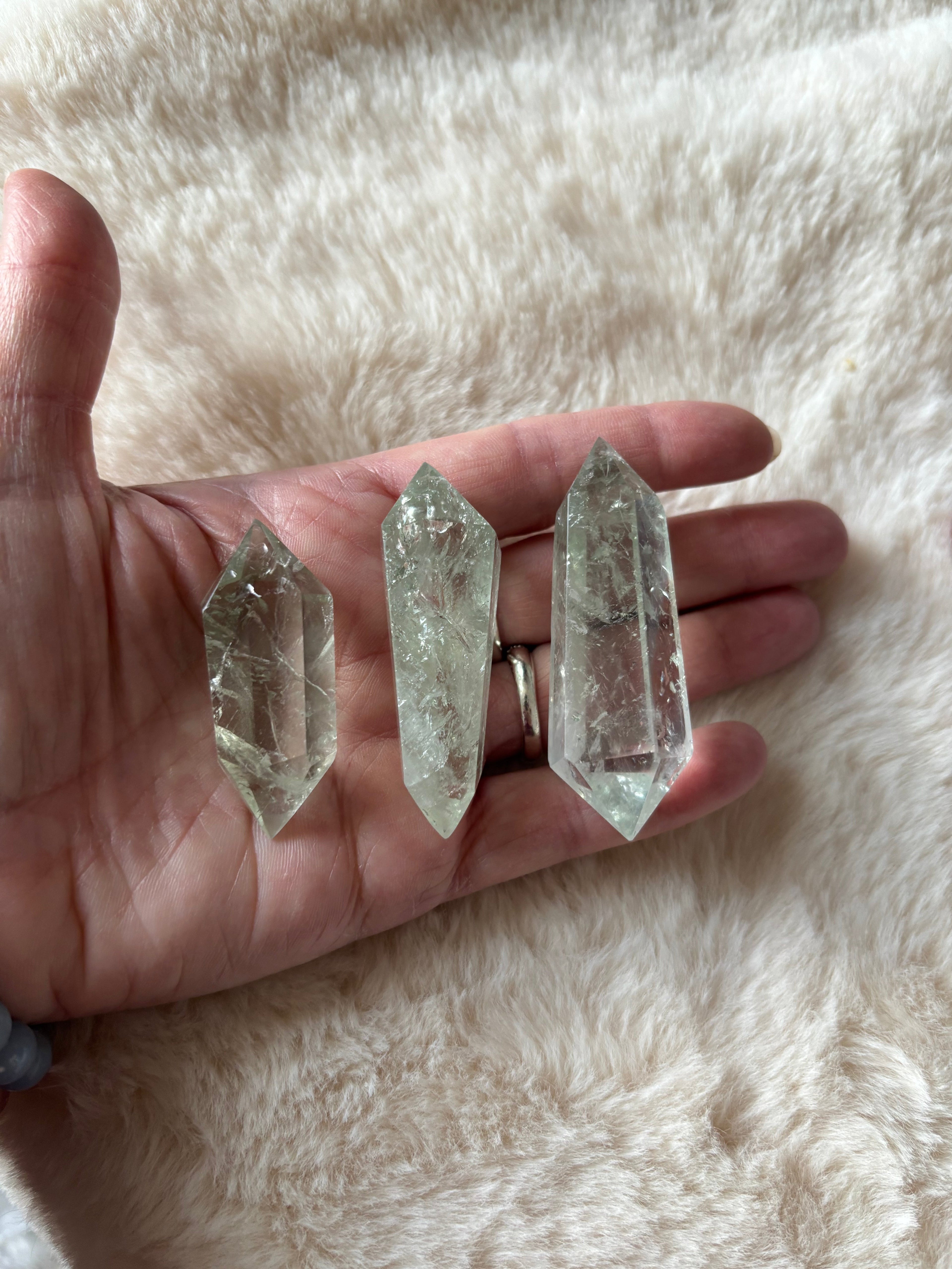 Evermore Everlasting prasiolite green amethyst double terminated crystal point on a white background