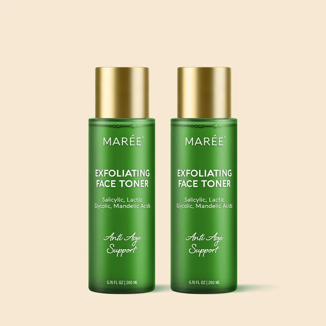 Maree Daily Glow Exfoliating Toner bottle with clear liquid and label, used for gentle facial exfoliation and skin renewal.