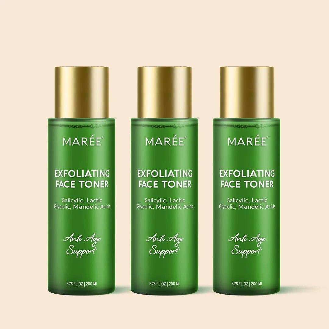 Maree Daily Glow Exfoliating Toner bottle with clear liquid and label, designed for gentle skin exfoliation and brightening.