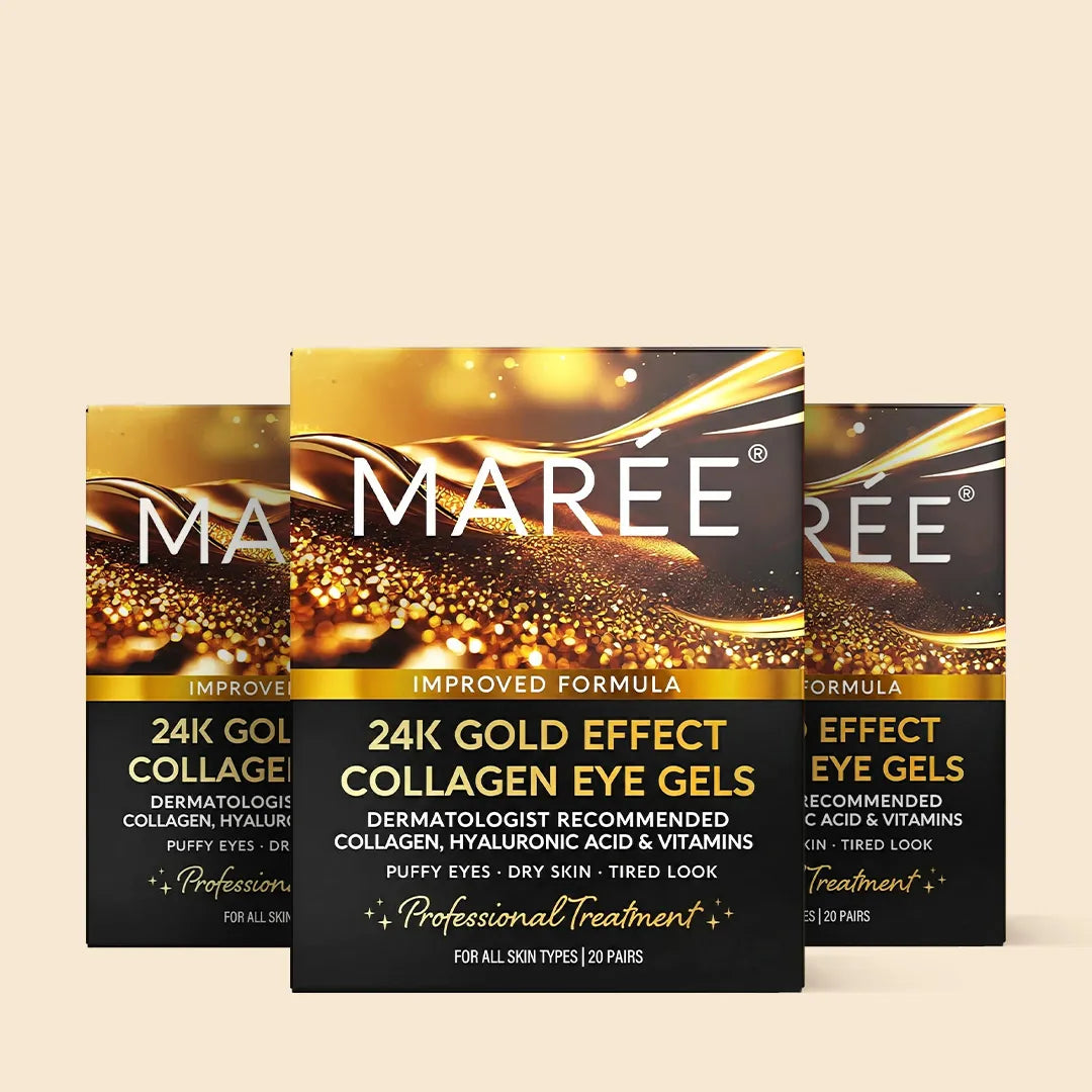 Maree 24K gold anti-aging eye patches showing gold-infused gel under the eyes on a white background.