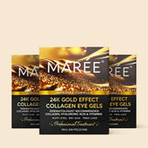 Maree 24K gold anti-aging eye patches showing gold-infused gel under the eyes on a white background.