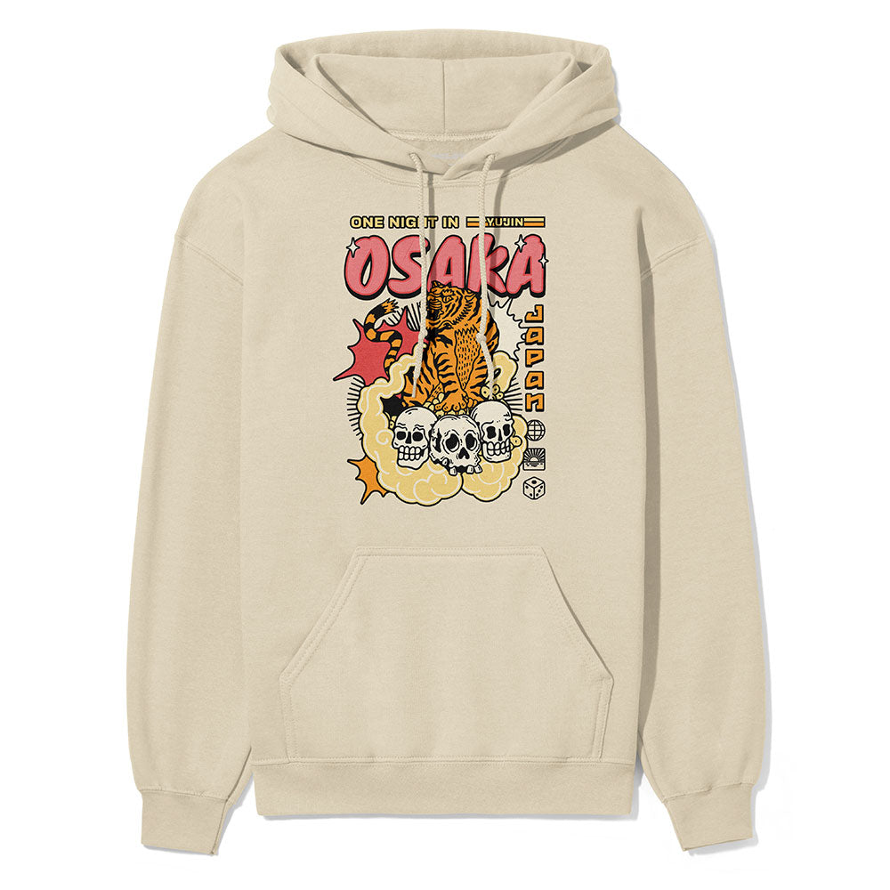 Yūjin Clothing One Night Osaka hoodie in black, featuring a stylish urban design and comfortable fit, displayed on a model.