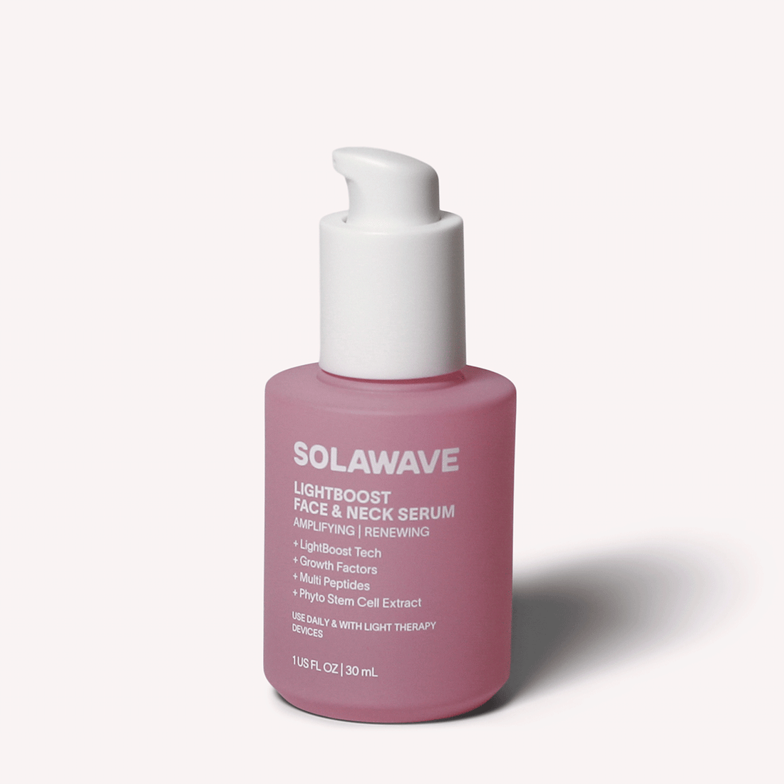 Solawave Light Therapy Boosting Face and Neck Serum bottle, skincare topical for enhanced skin radiance and rejuvenation.