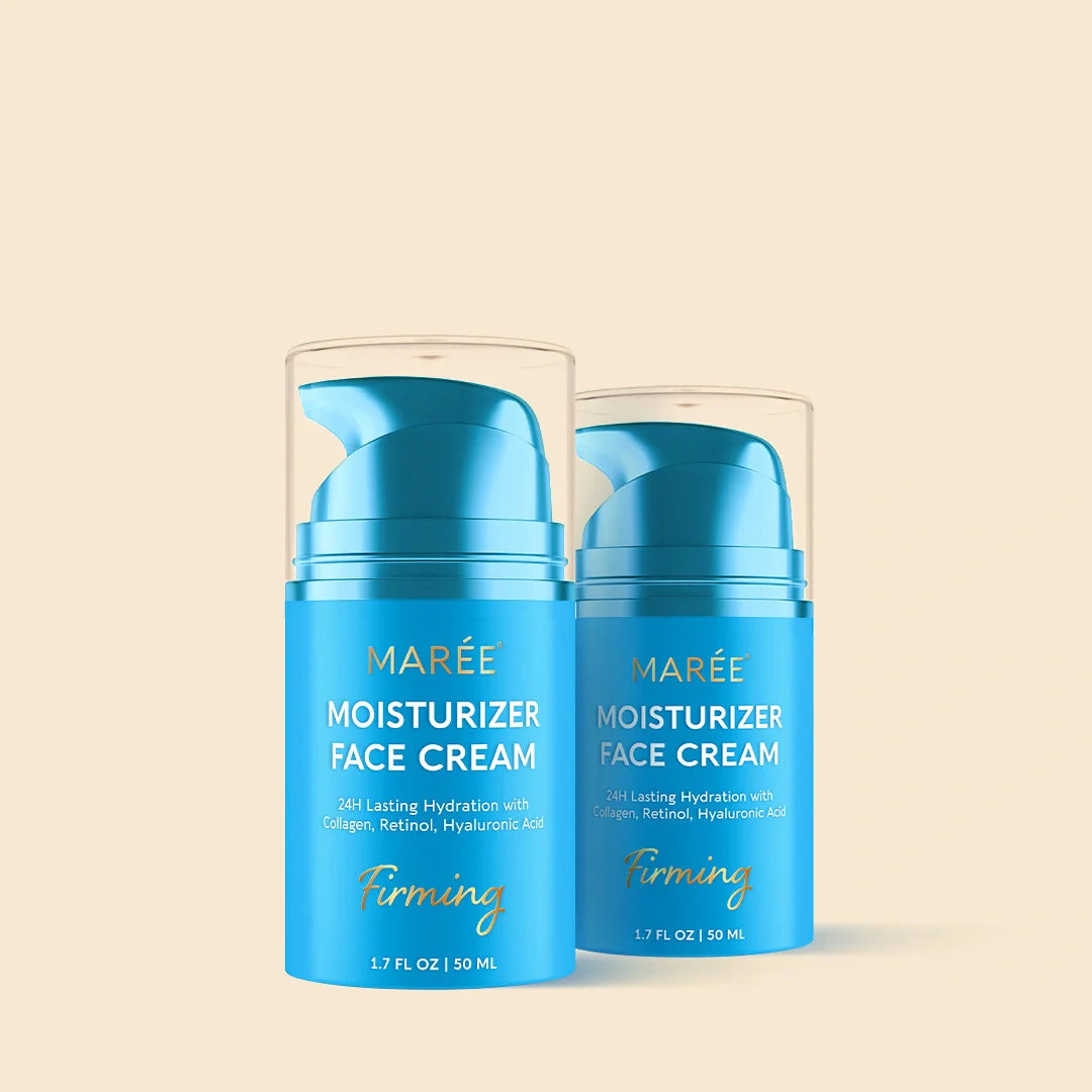 Maree Deep Moisture Collagen Face Cream in a blue jar showing smooth, hydrating cream for youthful skin.
