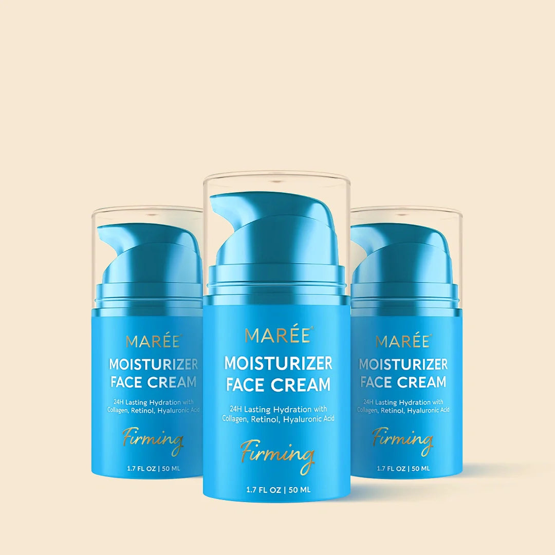 Maree Deep Moisture Collagen Face Cream in a blue jar, smooth texture, ideal for hydrating and nourishing skin.