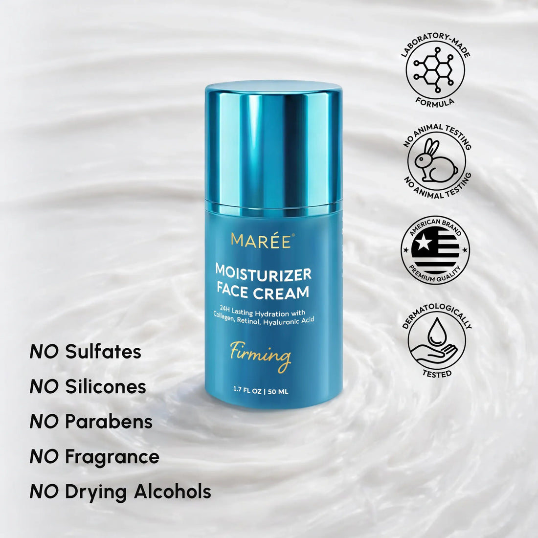 Blue jar of Maree Deep Moisture Collagen Face Cream showing a smooth cream texture in a sleek container.