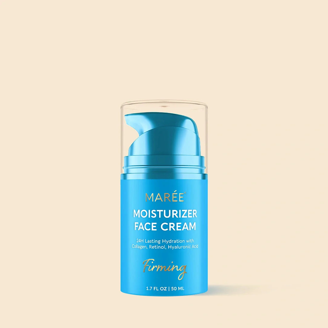 Maree Deep Moisture Collagen Face Cream in a blue jar, showing the creamy texture and hydration benefits for skin.