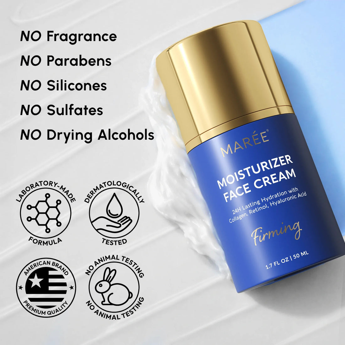 Maree Firming and Lifting Collagen Moisturizer in a gold jar, showcasing a smooth, luxurious face cream for firm, radiant skin.