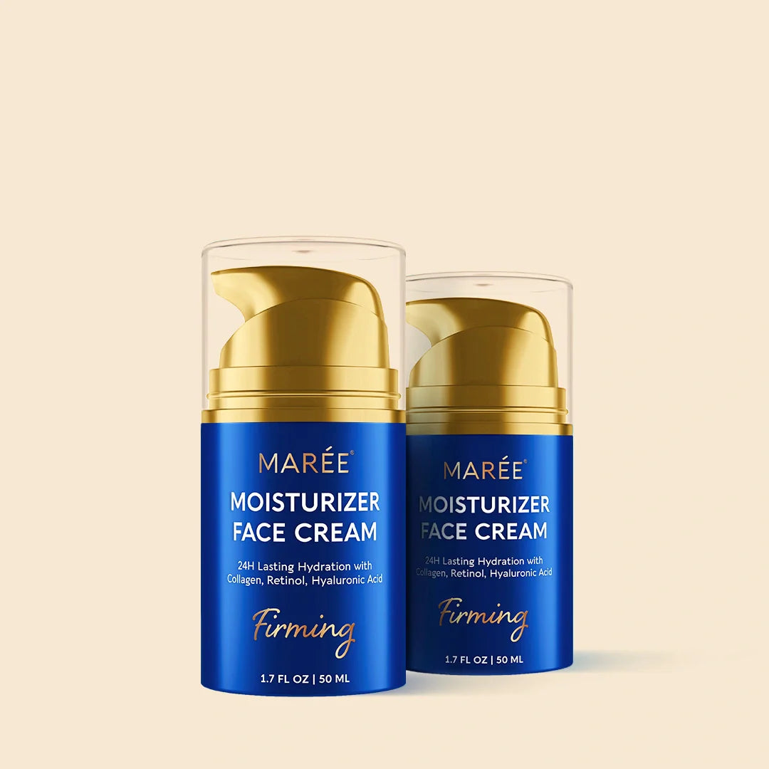 Maree Firming &amp; Lifting Collagen Moisturizer face cream with a gold jar, showcasing smooth, radiant skin.