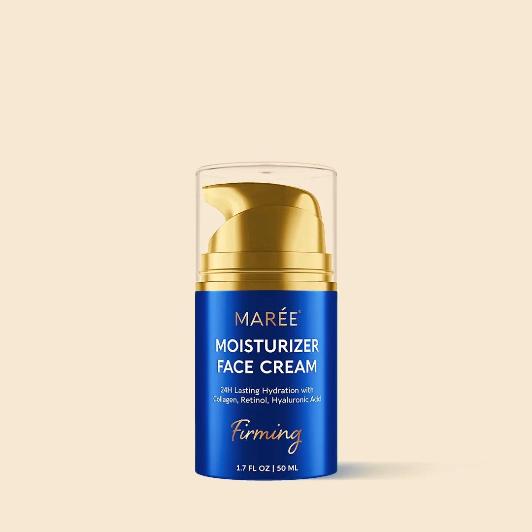 Maree Firming &amp; Lifting Collagen Moisturizer in a gold jar, smooth cream face moisturizer for skin firming and hydration.