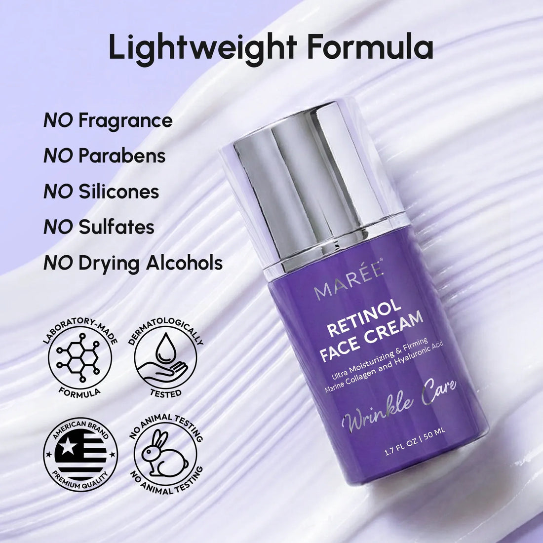 Maree Retinol Lifting and Firming Face Cream jar showing creamy texture and sleek packaging, designed for skin rejuvenation and firmness.