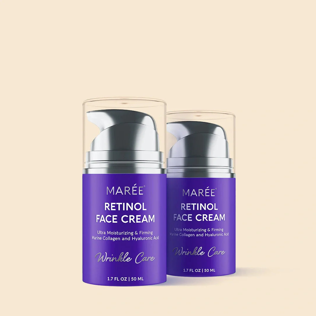 Maree Retinol Lifting and Firming Face Cream in a jar, showcasing smooth, youthful skin with visible cream texture.