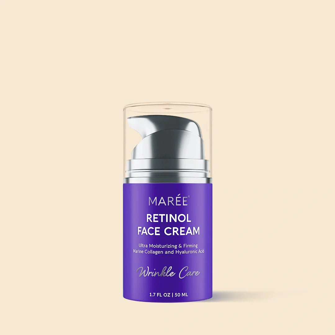 Maree Retinol Lifting &amp; Firming Face Cream jar showing creamy texture and elegant packaging on a neutral background.
