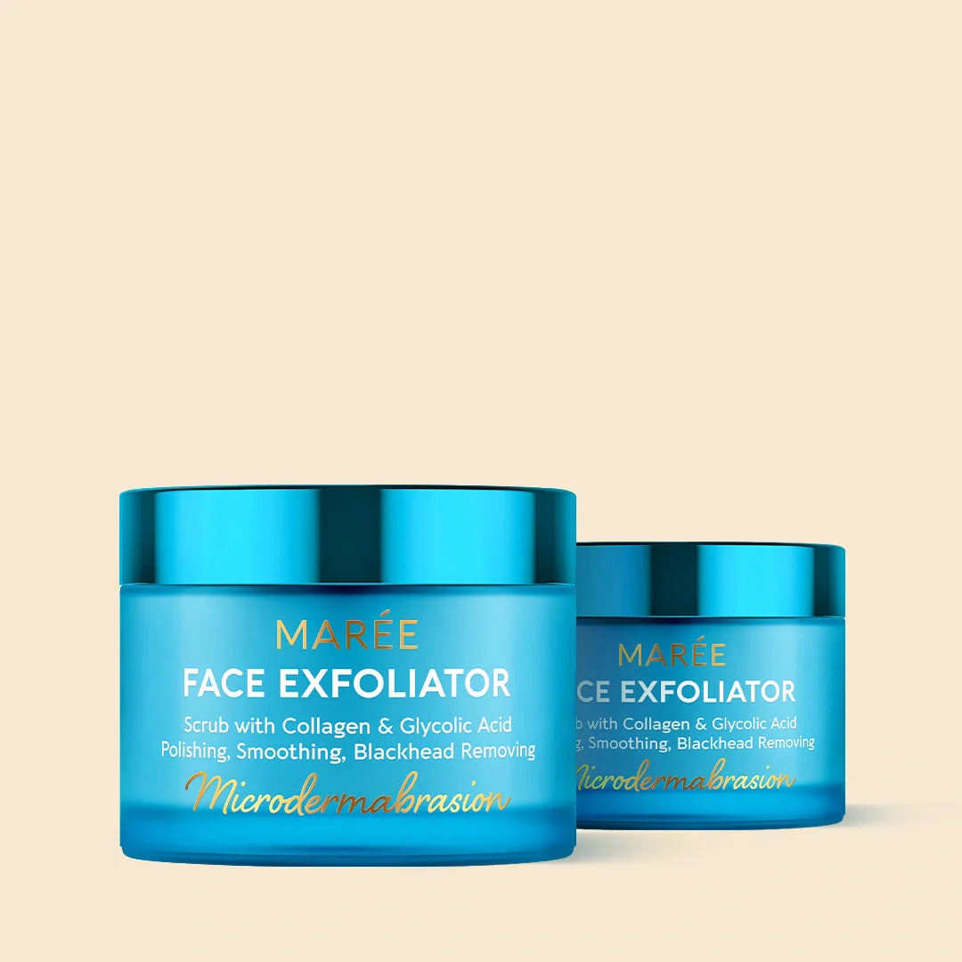Maree face polishing scrub and exfoliator with natural ingredients, showing a jar of exfoliating product with textured surface