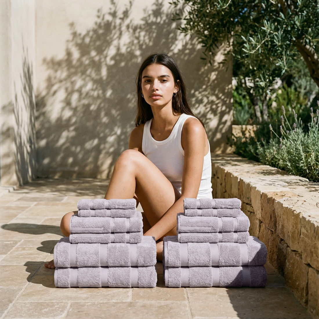 Family set of Italic Capri Australian Cotton Towels for home bath, featuring soft, absorbent towels in a cozy bathroom setting.
