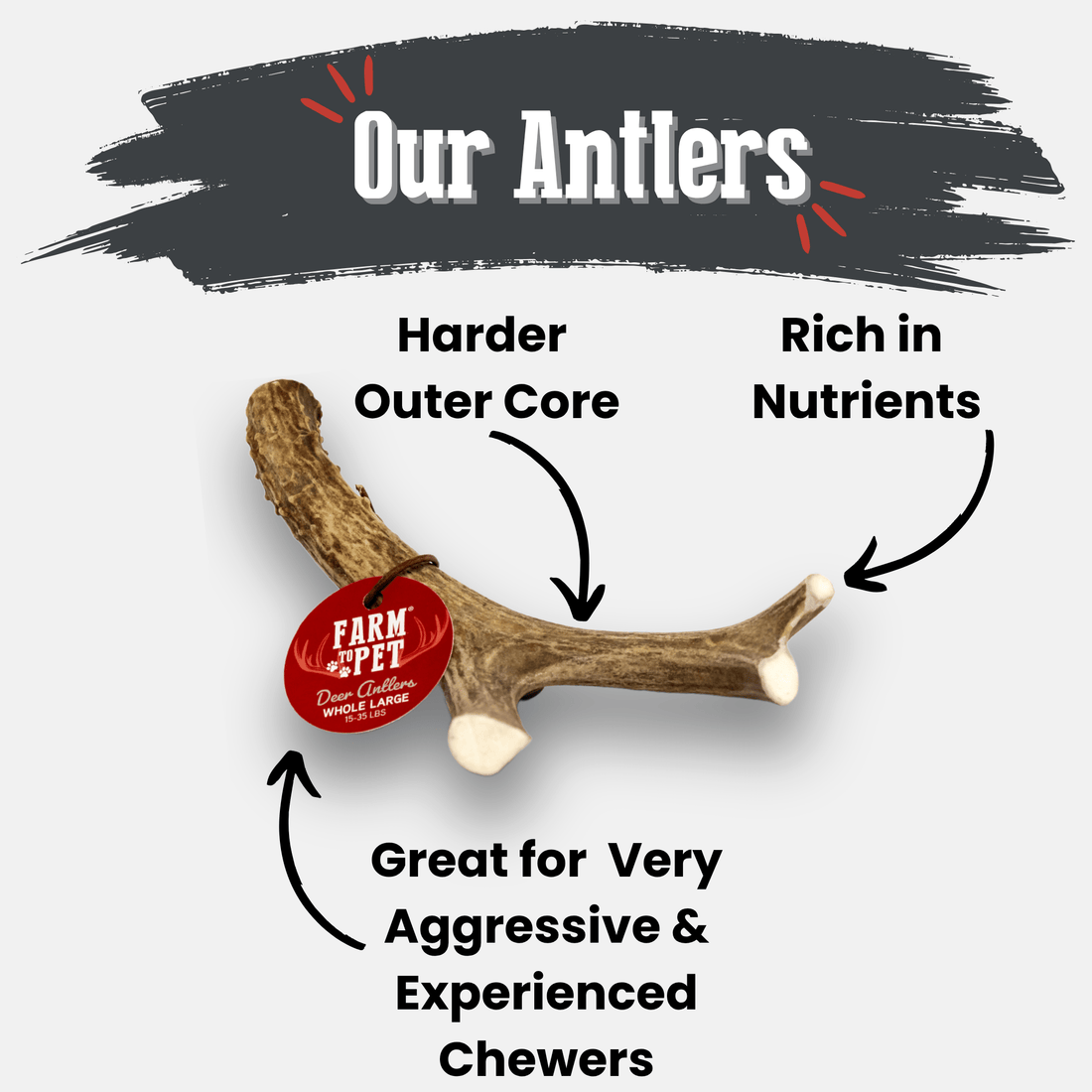 Large deer antler dog chew by Farm To Pet, organic, non-splintering antler bone treats for dogs