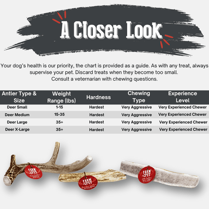 Large deer antler dog chew from Farm To Pet, organic and non-splintering antler bone for dogs of all sizes.