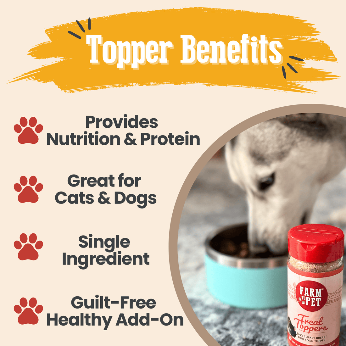 Farm To Pet chicken and turkey dog food topper bundle showing lean turkey and chicken toppers in packaging, ideal for enhancing dog meals.